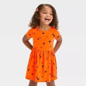 Cat & Jack NWT Toddler Girls' Short Sleeve Halloween Printed Dress Orange 3T